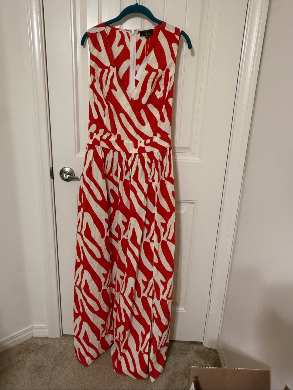 DIYANU Red and White Sleeveless Printed Maxi Dress